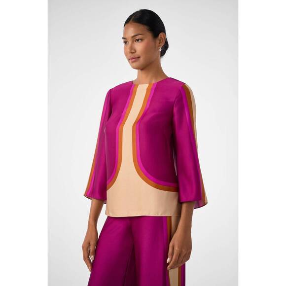 NEW TRINA TURK women's sprig top in wine multi color stripe down front